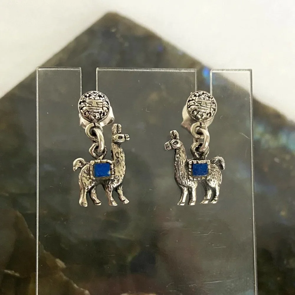 Sterling Silver 925 Southwest Style Llama Alpaca Lapis Dangle Drop Earrings